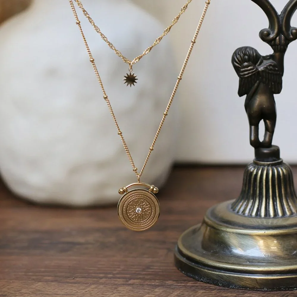 NEW 18K Gold Plated Vintage Diamond Coin Star Double Layer Necklace